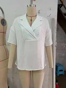 White lapel drop-shoulder loose pullover shirt for women, casual summer top style.