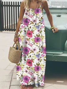 Bohemian summer floral spaghetti strap maxi dress, loose sleeveless long dress for women.