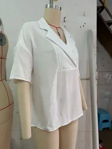 Women Summer Solid Color Lapel Drop Shoulder Short Sleeve Casual Loose White Blouse Top