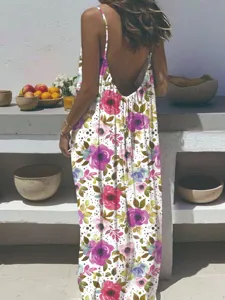 Bohemian floral maxi dress women summer casual sleeveless backless beach long dress