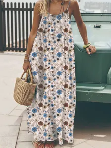 Summer floral spaghetti strap long dress detail shot, featuring bohemian style and casual relaxed fit.