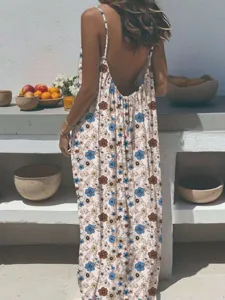 Back view detail of casual floral maxi dress showcasing sleeveless design and scenic background.