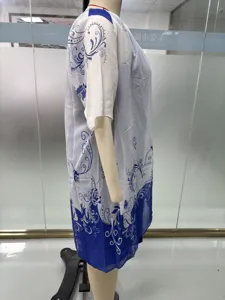 Summer plus size loose casual dress featuring blue and white floral print for women