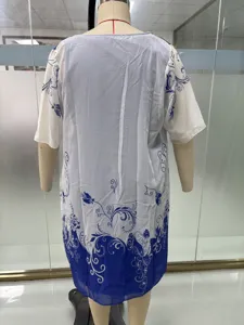 Plus size summer floral short sleeve casual dress back detail, loose fit blue and white print.