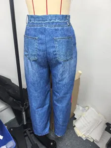 Lässige weite Jeans Optik bedruckte Hose mit hohem Bund für Damen Mode Stil Neu