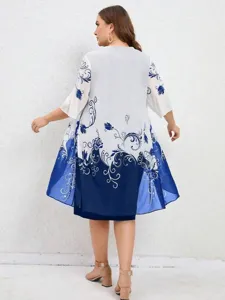 Plus size casual loose floral print midi dress back view showing elegant design details.