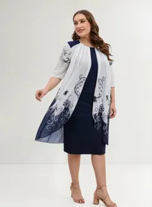 Plus size floral print two-piece midi dress with sheer cardigan overlay for women, elegant casual.