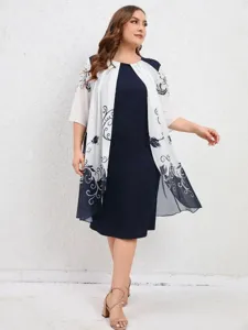 Detail shot of a stylish plus-size floral print cardigan and dress set, casual chic apparel.