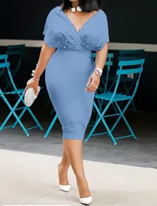 Elegantes Sexy V-Ausschnitt Party Midi-Kleid mit Perlenverzierung für Damen Abendkleid