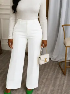 Pantaloni da Abito a Gamba Larga a Vita Alta da Donna Pantaloni Dritti Larghi Casual Tinta Unita Taglie Forti Poliestere Giuntato