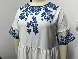 Detailed view of bohemian loose round neck printed dress with chic blue floral patterns.