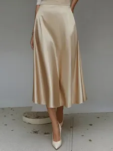 Elegant satin A-line midi skirt for women, smooth commuting fashion wear, chic high waist style.