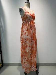Robe longue camisole imprimé floral d'été, col U taille haute robe maxi de vacances décontractée