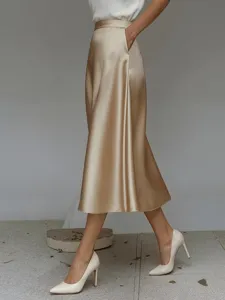 Elegant satin A-line midi skirt for women, featuring high waist and smooth glossy finish.