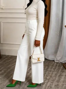Donna vita alta pantaloni larghi casual ampi dritti eleganti tinta unita chic alla moda