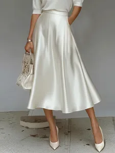 Elegant satin A-line midi skirt for women, chic high-waist pleated design for daily wear.