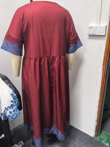 Boho long sleeve burgundy dress with blue print cuffs and hem, casual loose fit midi dress.