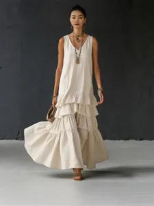 Damen Ärmelloses Kleid Mit V-Ausschnitt Elegant Einfarbig Lockere Passform Gestufter Rüschensaum Lässiges Fließendes Polyester Maxi-Kleid Für Den Urlaub