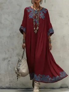 Boho bohemian red long sleeve dress with blue embroidery details loose fit casual wear.