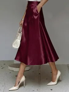Elegant wine red satin A-line midi skirt for women high waist smooth fabric fashion.