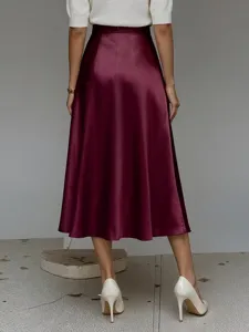 Smooth satin a-line midi skirt back view showcasing premium fabric drape and elegant silhouette.