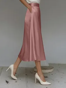 Women's smooth satin A-line midi skirt, elegant high waist skirt for daily commuting.