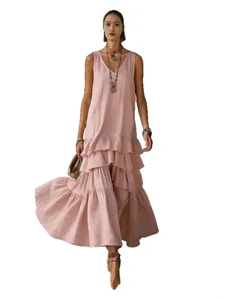 Damen rosa ärmelloses langes Kleid lockerer Stufen Saum lässige Sommer Bekleidung