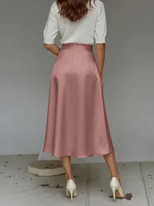 Elegant pink satin a-line midi skirt for women, chic high waist commuting style apparel.