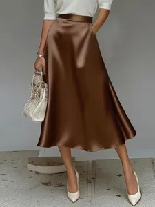 Elegant smooth satin A-line midi skirt for women, chic high waist commuter daily wear.