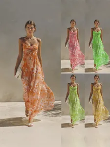 Robe Longue D'été Imprimée Marguerite Pour Femmes Col en U Sans Manches Vacances Épaules Dénudées Taille Haute Épissage Robe Soleil Longue Fluide
