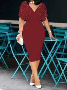 Damen Elegant Kurzarm V-Ausschnitt Midi Kleid Bordeaux Perle Business Hauptbild