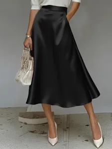 Elegant black satin A-line midi skirt for women, chic commuting fashion wear details.
