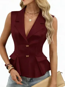 Damen Sommer Casual V-Ausschnitt Ärmellose Blazer Weste mit Schleife Knöpfen Top