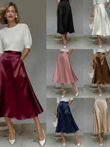 Elegant Women Satin A-Line Midi Skirt High Waist Glossy Solid Color Commuter Office Fashion Casual Silk-Like Flowy Skirt