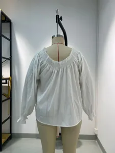 Women white long sleeve blouse casual loose V-neck top with pleated ruffle details