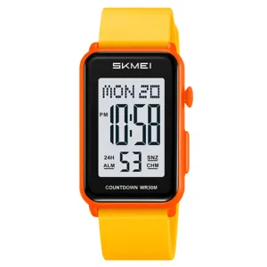 Montre Numerique Carree SKMEI Boitier Orange Bracelet Jaune Etanche Sport Homme