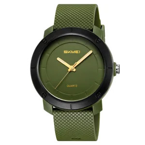 Green silicone strap quartz watch with black bezel and gold hands for men and women