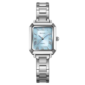 Women quartz watch silver stainless steel strap light blue rectangular dial elegant