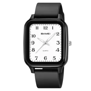 SKMEI minimalist square quartz watch with black silicone strap and clear arabic numerals.