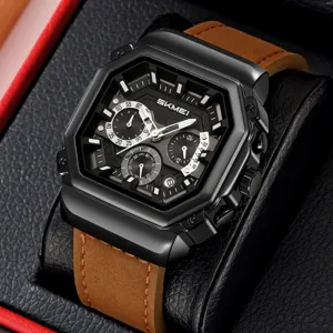 SKMEI business quartz watch for men multifunction chronograph leather strap stylish