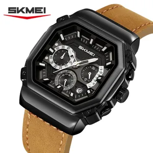 SKMEI Men Quartz Watch Luxury Business Octagon Bezel Brown Leather Strap Chronograph