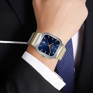 Orologio al quarzo uomo business casual quadrante quadrato blu cinturino metallo data