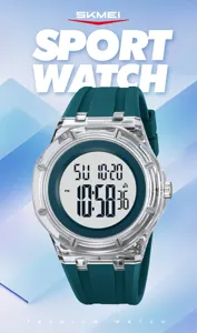 Transparent digital watch face detail showing clear time display and durable resin strap.