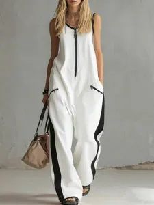 Tuta Senza Maniche da Donna Casual Comoda Girocollo con Cerniera Design a Gamba Larga Pagliaccetto in Poliestere Patchwork con Striscia Laterale Outfit Intero