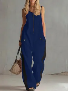 Tuta casual smanicata con zip e gamba larga per donne alla moda e comoda da indossare.