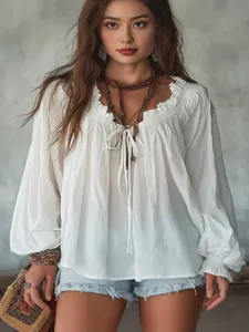 Casual white long sleeve V-neck blouse with tie and ruffles for women fall fashion