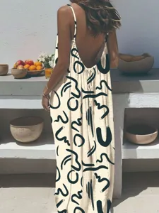 Bohemian summer casual sleeveless maxi dress with abstract black print, relaxed loose fit backless.