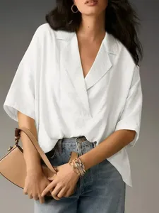 Women Elegant Solid Color Lapel Shirt Casual Loose Dropped Shoulder Pullover Top Polyester Spandex Blouse Summer Fashion Clothing Office Lady Work Wear Chic Tunics
