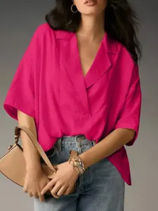 Women summer solid color lapel short sleeve loose casual pullover blouse shirt top outfit
