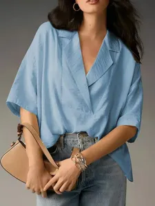 Women's light blue short sleeve V-neck blouse loose casual chic summer top with lapel collar